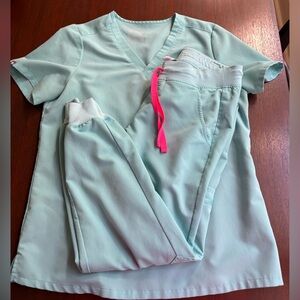 Figs Light Blue Scrub Set with Pink Accents